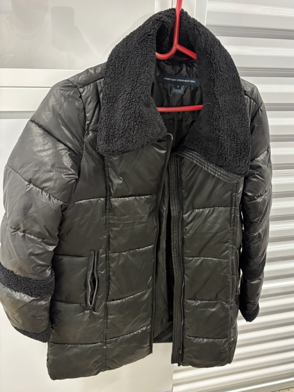 French Connection Black Puffer Jacket with Sherpa Collar
